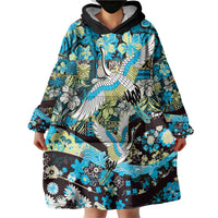Japanese Hawaiian Crane Wearable Blanket Hoodie Blue Tapa Patchwork Pattern