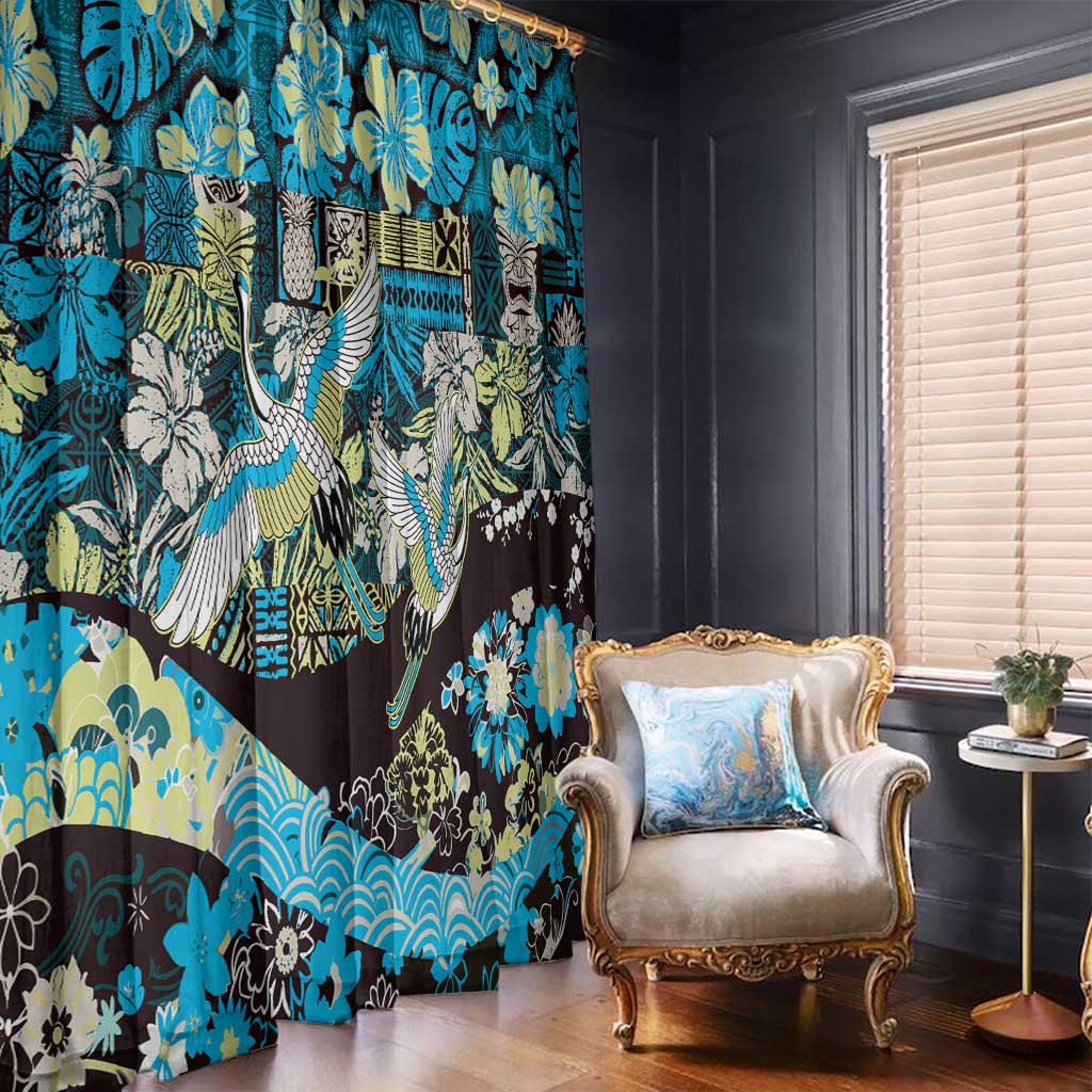 Japanese Hawaiian Crane Window Curtain Blue Tapa Patchwork Pattern LT9 - Polynesian Pride
