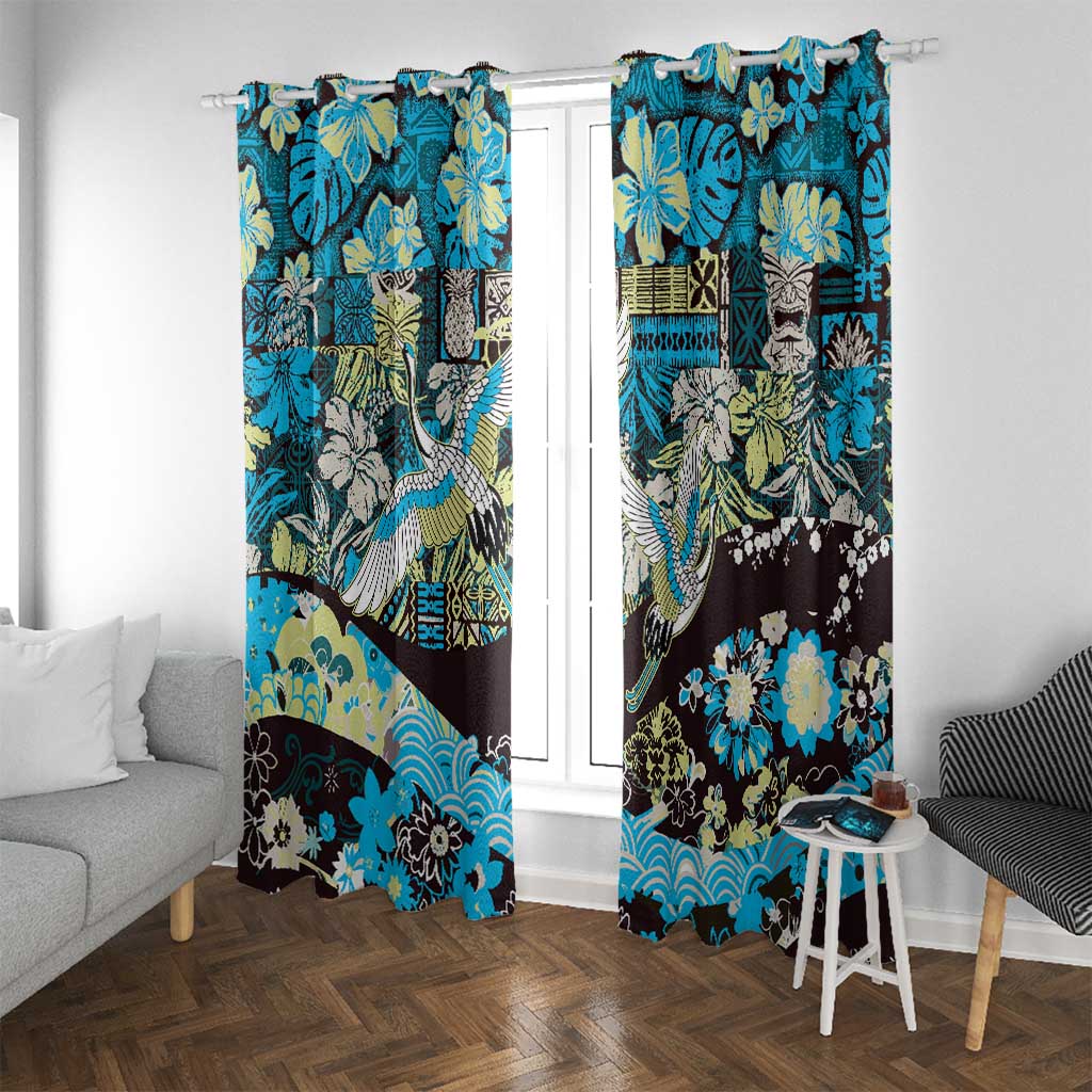 Japanese Hawaiian Crane Window Curtain Blue Tapa Patchwork Pattern LT9 With Grommets Blue - Polynesian Pride