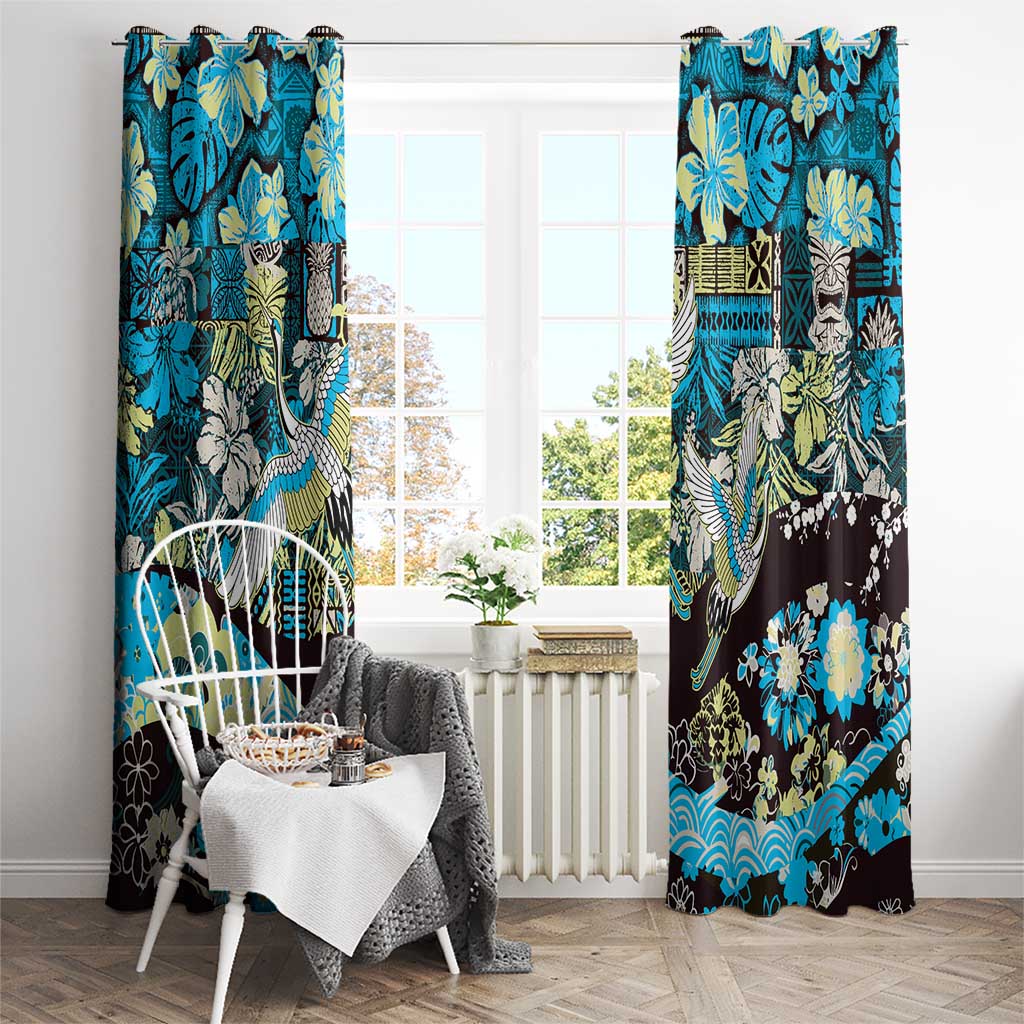 Japanese Hawaiian Crane Window Curtain Blue Tapa Patchwork Pattern LT9 - Polynesian Pride