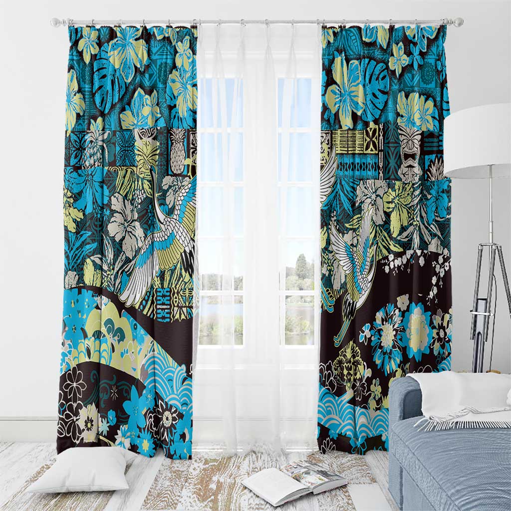 Japanese Hawaiian Crane Window Curtain Blue Tapa Patchwork Pattern LT9 - Polynesian Pride