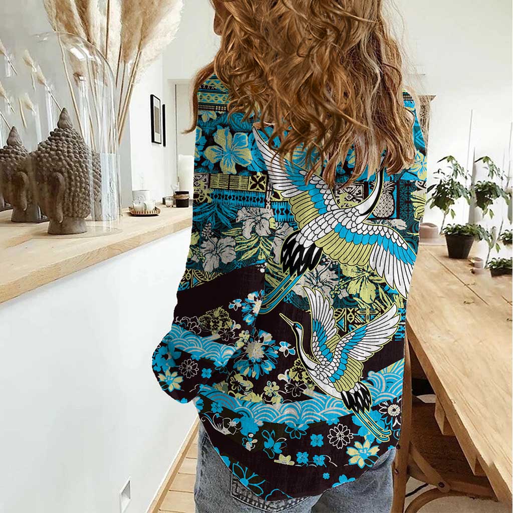 Japanese Hawaiian Crane Women Casual Shirt Blue Tapa Patchwork Pattern LT9 - Polynesian Pride