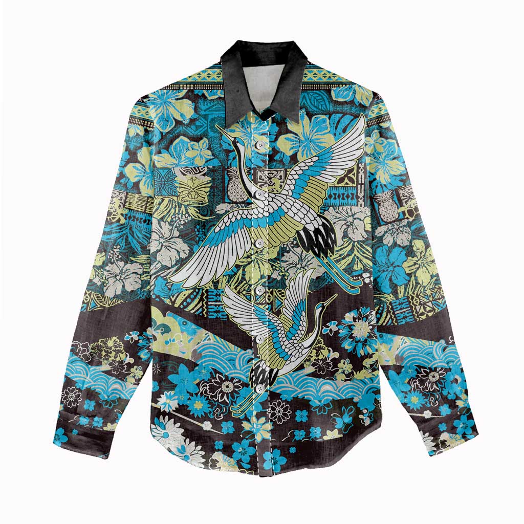 Japanese Hawaiian Crane Women Casual Shirt Blue Tapa Patchwork Pattern LT9 - Polynesian Pride