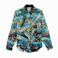 Japanese Hawaiian Crane Women Casual Shirt Blue Tapa Patchwork Pattern LT9 - Polynesian Pride