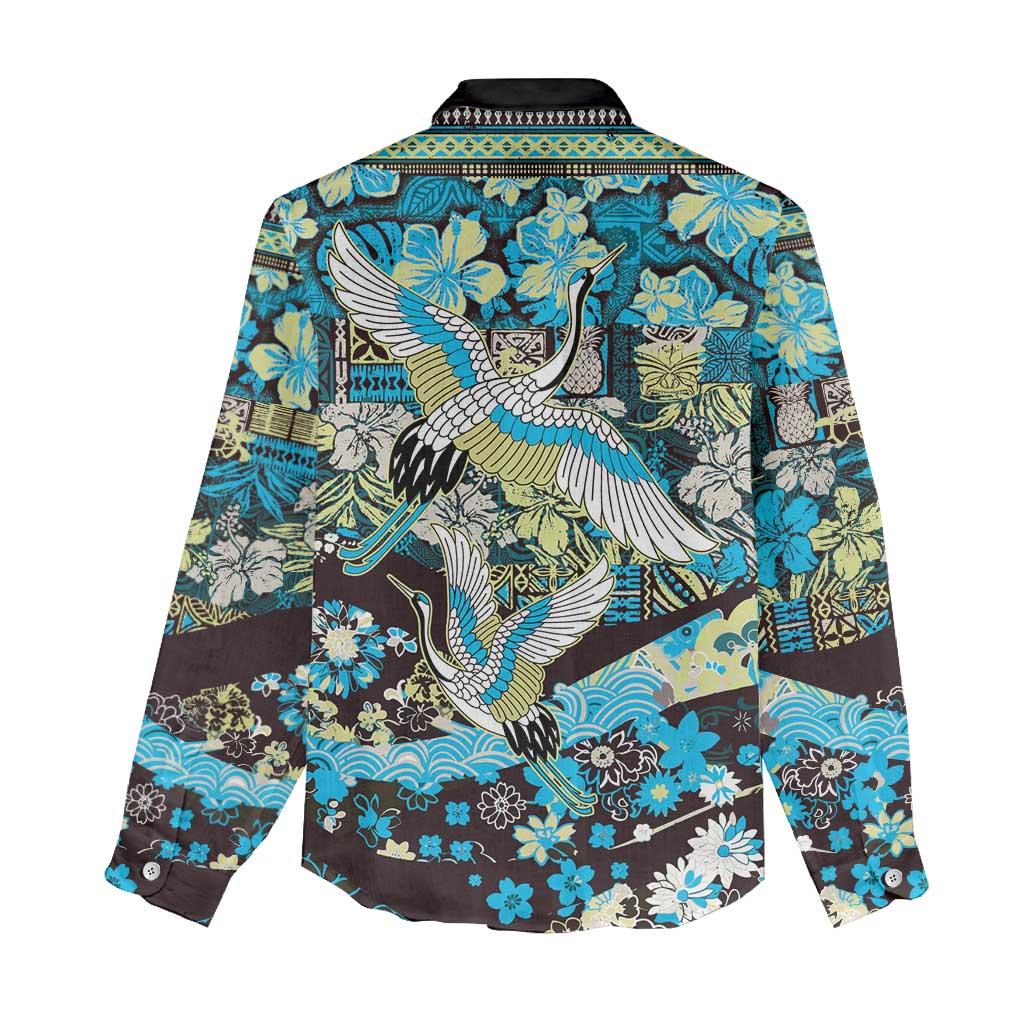 Japanese Hawaiian Crane Women Casual Shirt Blue Tapa Patchwork Pattern LT9 - Polynesian Pride