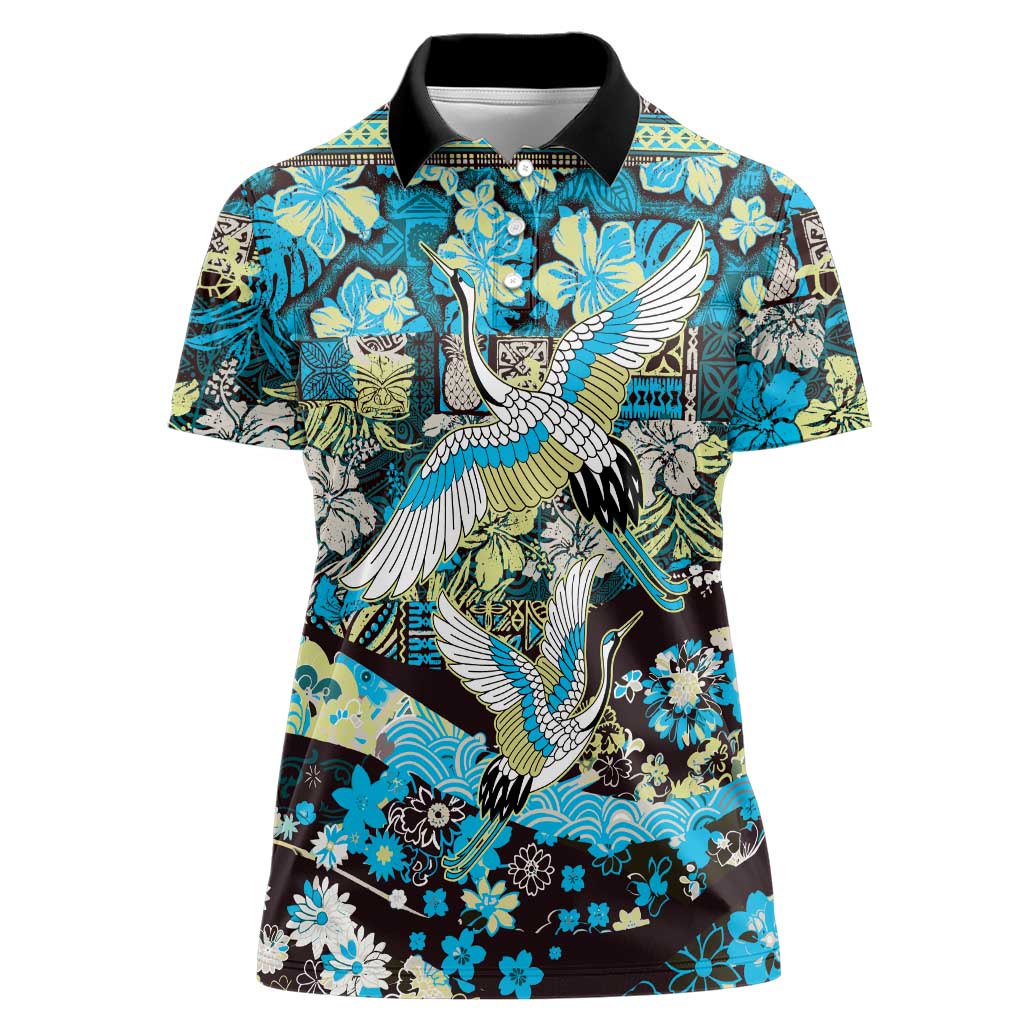 Japanese Hawaiian Crane Women Polo Shirt Blue Tapa Patchwork Pattern LT9 Female Blue - Polynesian Pride