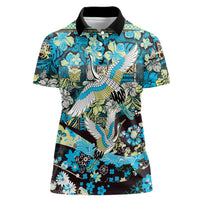 Japanese Hawaiian Crane Women Polo Shirt Blue Tapa Patchwork Pattern