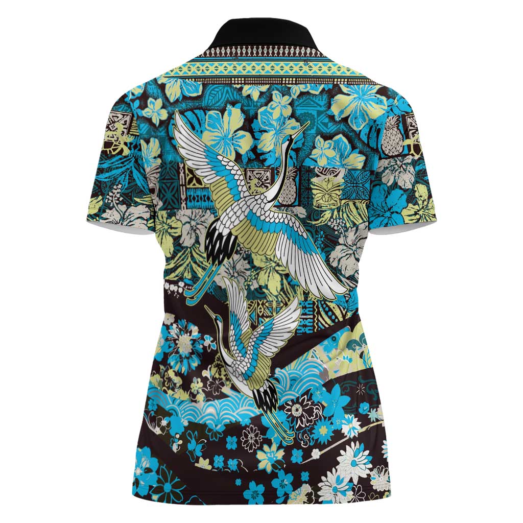 Japanese Hawaiian Crane Women Polo Shirt Blue Tapa Patchwork Pattern