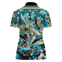 Japanese Hawaiian Crane Women Polo Shirt Blue Tapa Patchwork Pattern