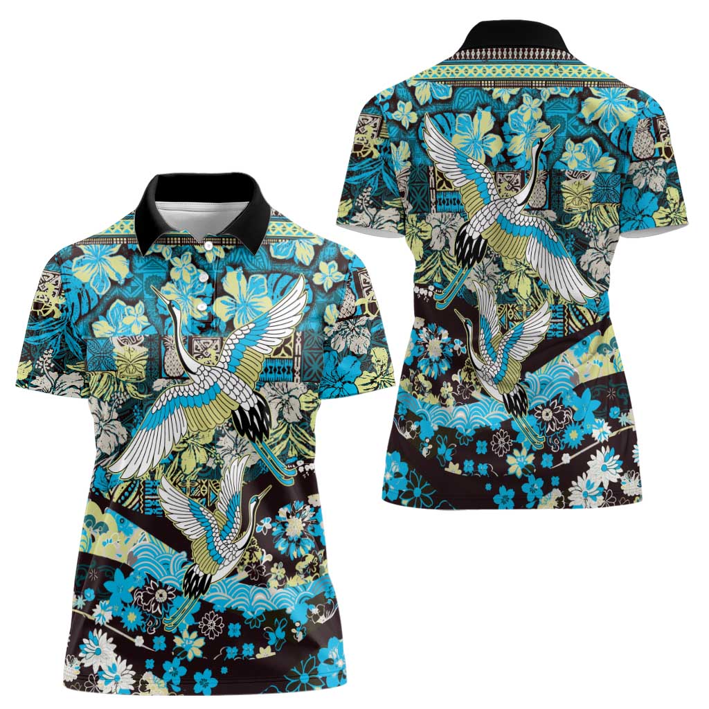 Japanese Hawaiian Crane Women Polo Shirt Blue Tapa Patchwork Pattern