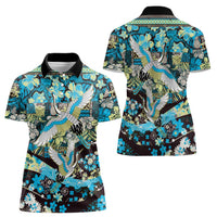 Japanese Hawaiian Crane Women Polo Shirt Blue Tapa Patchwork Pattern