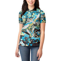 Japanese Hawaiian Crane Women Polo Shirt Blue Tapa Patchwork Pattern