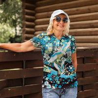 Japanese Hawaiian Crane Women Polo Shirt Blue Tapa Patchwork Pattern