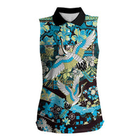Japanese Hawaiian Crane Women Sleeveless Polo Shirt Blue Tapa Patchwork Pattern LT9 Female Blue - Polynesian Pride