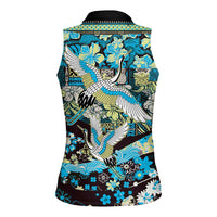 Japanese Hawaiian Crane Women Sleeveless Polo Shirt Blue Tapa Patchwork Pattern LT9 - Polynesian Pride