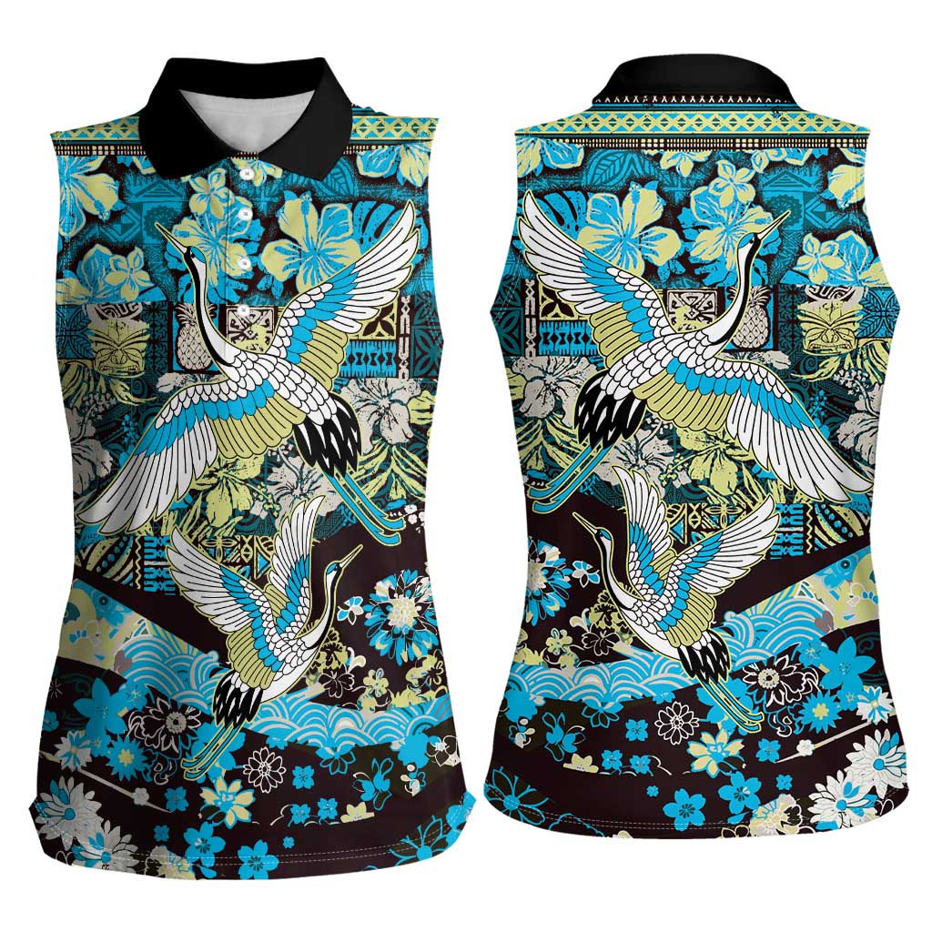 Japanese Hawaiian Crane Women Sleeveless Polo Shirt Blue Tapa Patchwork Pattern LT9 - Polynesian Pride