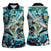 Japanese Hawaiian Crane Women Sleeveless Polo Shirt Blue Tapa Patchwork Pattern LT9 - Polynesian Pride