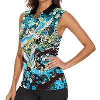 Japanese Hawaiian Crane Women Sleeveless Polo Shirt Blue Tapa Patchwork Pattern LT9 - Polynesian Pride
