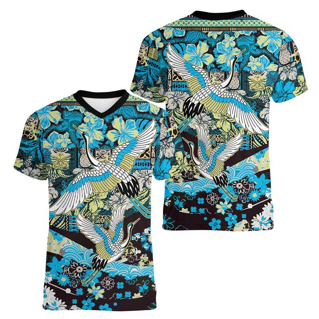 Japanese Hawaiian Crane Women V-Neck T-Shirt Blue Tapa Patchwork Pattern LT9 - Polynesian Pride