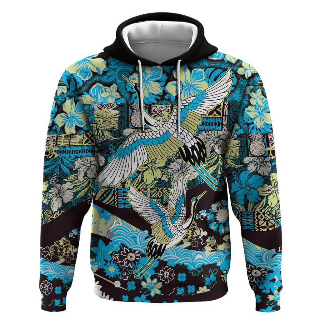 Japanese Hawaiian Crane Zip Hoodie Blue Tapa Patchwork Pattern LT9 Pullover Hoodie Blue - Polynesian Pride