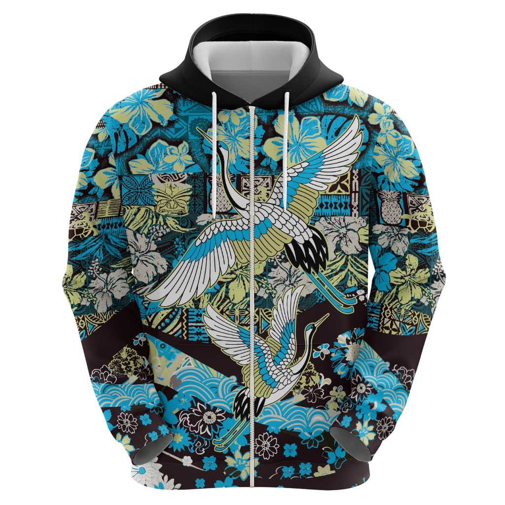 Japanese Hawaiian Crane Zip Hoodie Blue Tapa Patchwork Pattern LT9 - Polynesian Pride