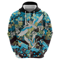 Japanese Hawaiian Crane Zip Hoodie Blue Tapa Patchwork Pattern LT9 - Polynesian Pride