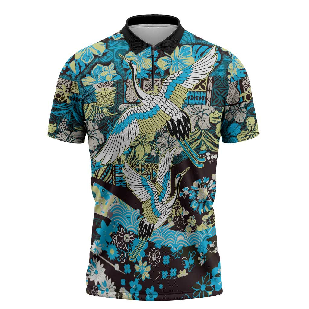Japanese Hawaiian Crane Zipper Polo Shirt Blue Tapa Patchwork Pattern LT9 Blue - Polynesian Pride