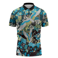 Japanese Hawaiian Crane Zipper Polo Shirt Blue Tapa Patchwork Pattern LT9 Blue - Polynesian Pride