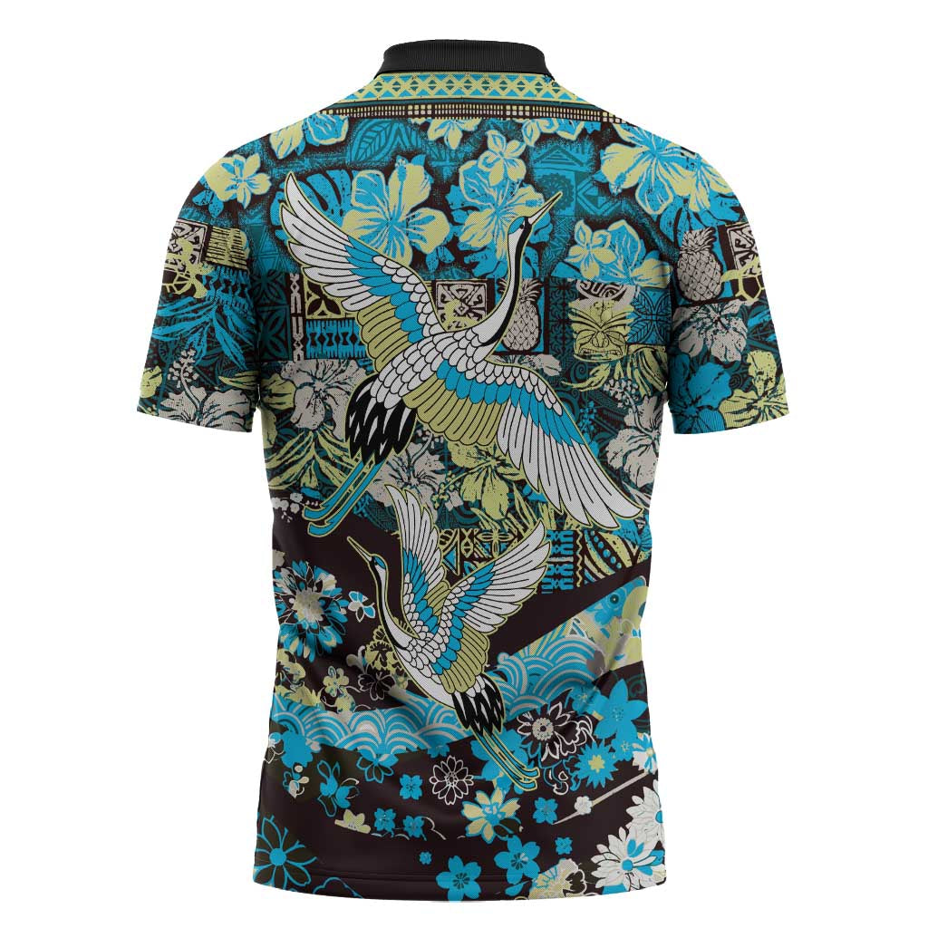 Japanese Hawaiian Crane Zipper Polo Shirt Blue Tapa Patchwork Pattern LT9 - Polynesian Pride