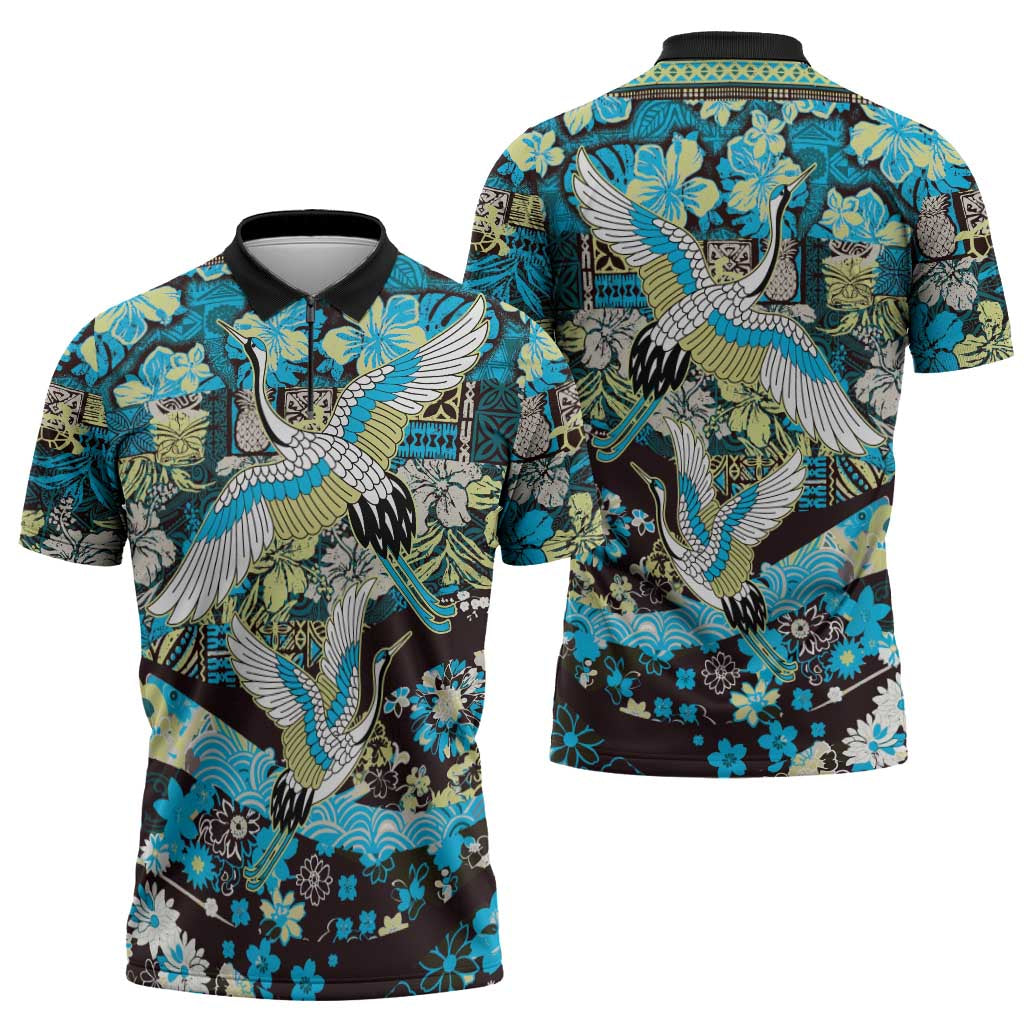 Japanese Hawaiian Crane Zipper Polo Shirt Blue Tapa Patchwork Pattern LT9 - Polynesian Pride