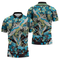 Japanese Hawaiian Crane Zipper Polo Shirt Blue Tapa Patchwork Pattern LT9 - Polynesian Pride