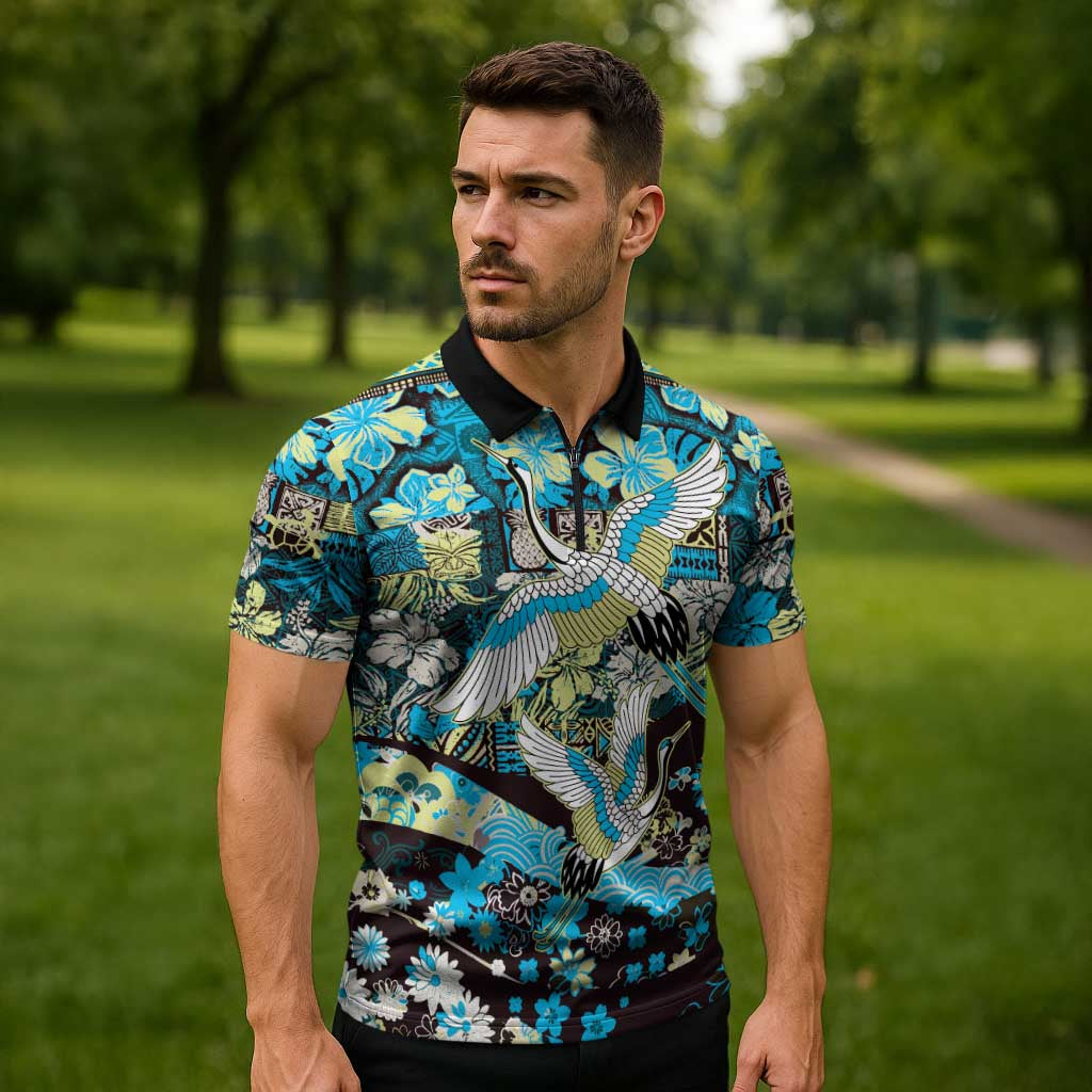Japanese Hawaiian Crane Zipper Polo Shirt Blue Tapa Patchwork Pattern LT9 - Polynesian Pride