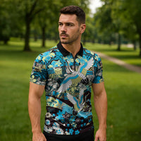 Japanese Hawaiian Crane Zipper Polo Shirt Blue Tapa Patchwork Pattern LT9 - Polynesian Pride