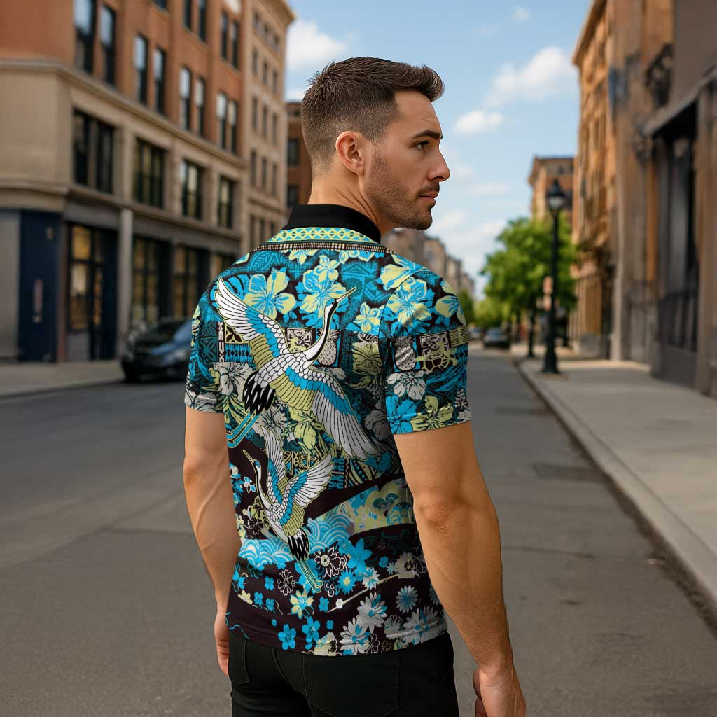 Japanese Hawaiian Crane Zipper Polo Shirt Blue Tapa Patchwork Pattern LT9 - Polynesian Pride