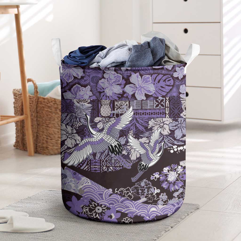 Japanese Hawaiian Crane Laundry Basket Purple Tapa Patchwork Pattern LT9 Purple - Polynesian Pride