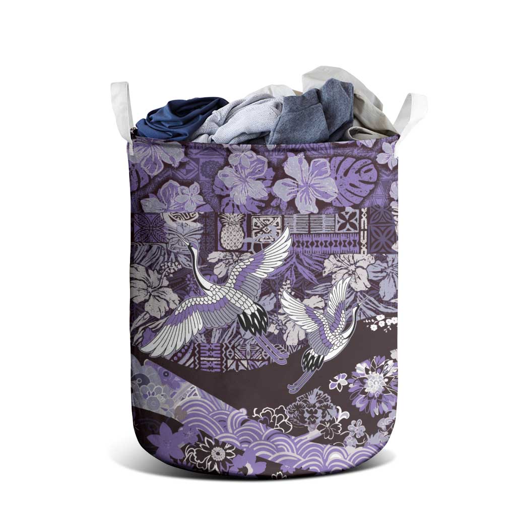 Japanese Hawaiian Crane Laundry Basket Purple Tapa Patchwork Pattern LT9 - Polynesian Pride