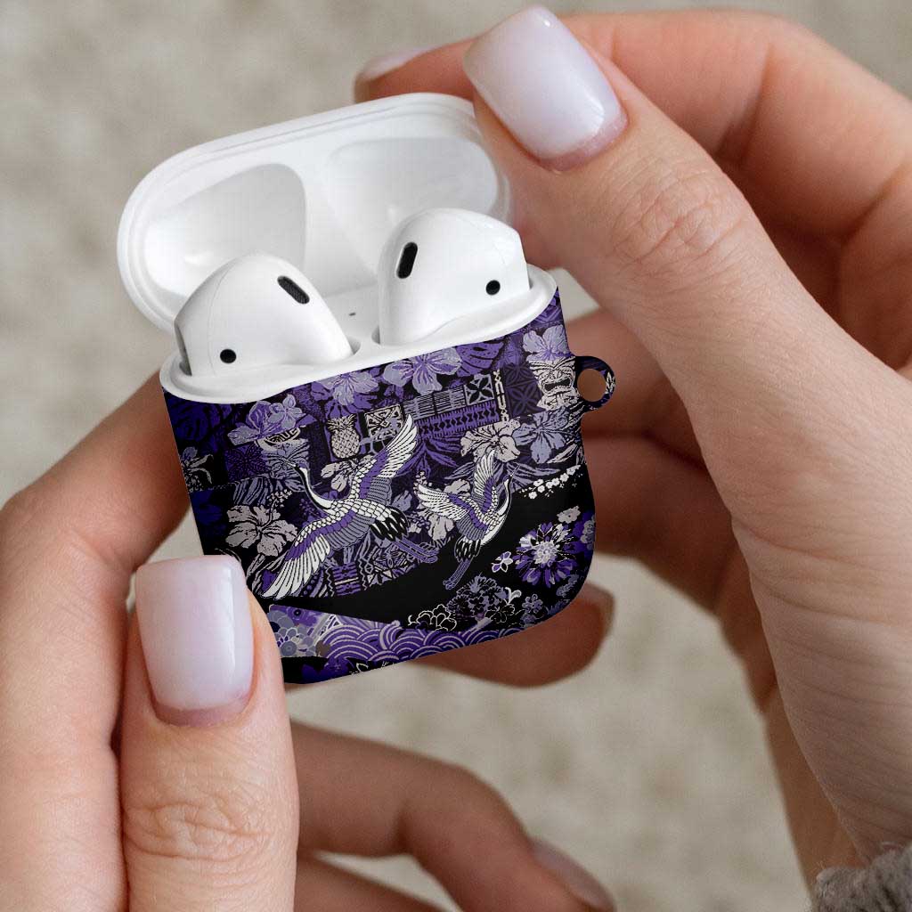 Japanese Hawaiian Crane AirPods Case Purple Tapa Patchwork Pattern