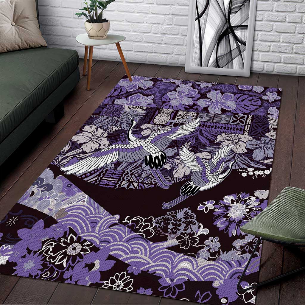 Japanese Hawaiian Crane Area Rug Purple Tapa Patchwork Pattern