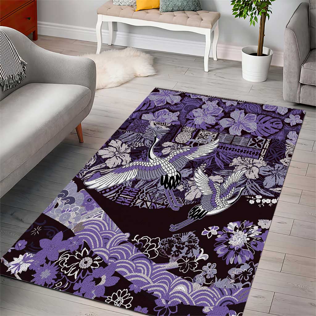 Japanese Hawaiian Crane Area Rug Purple Tapa Patchwork Pattern