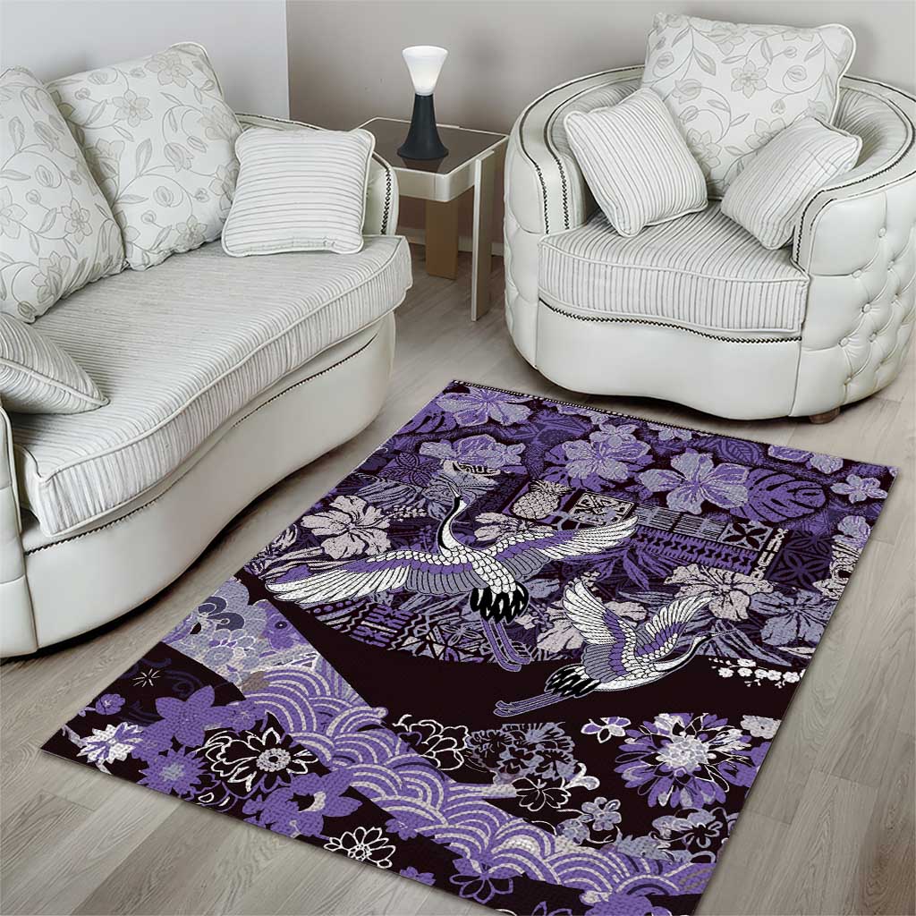 Japanese Hawaiian Crane Area Rug Purple Tapa Patchwork Pattern