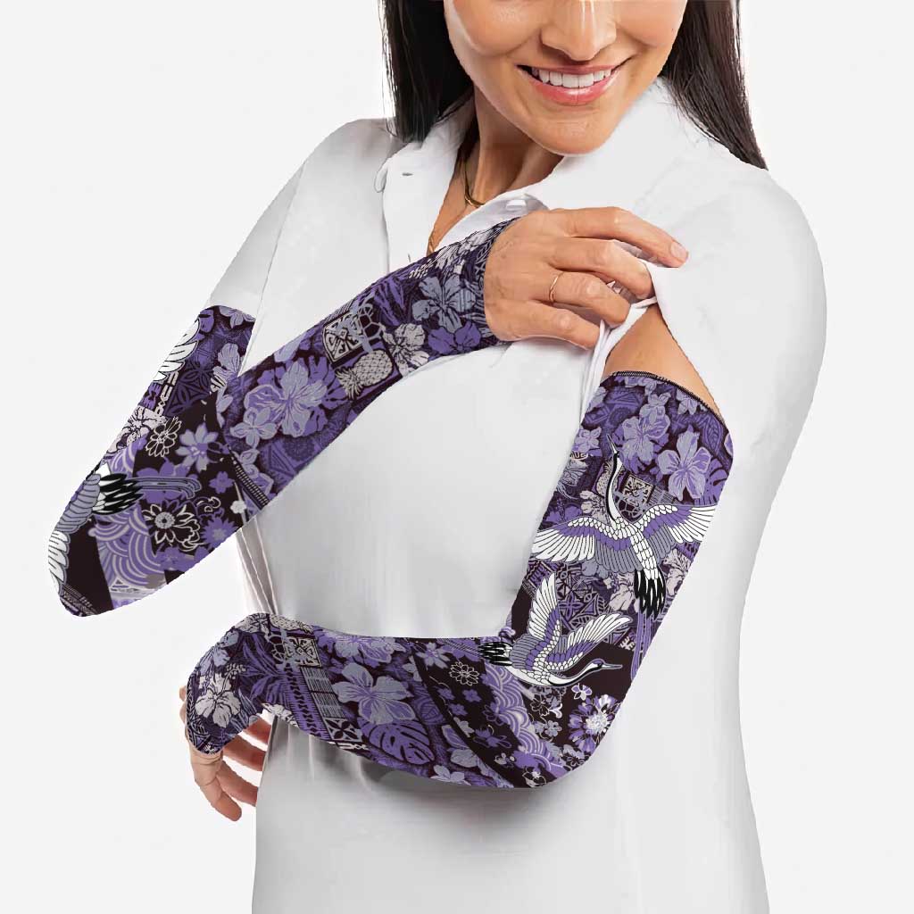 Japanese Hawaiian Crane Arm Sleeves Purple Tapa Patchwork Pattern LT9 - Polynesian Pride
