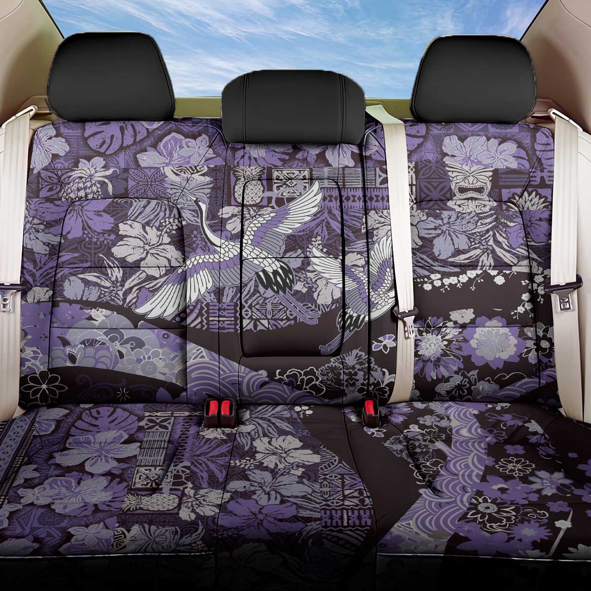 Japanese Hawaiian Crane Back Car Seat Cover Purple Tapa Patchwork Pattern LT9 One Size Purple - Polynesian Pride