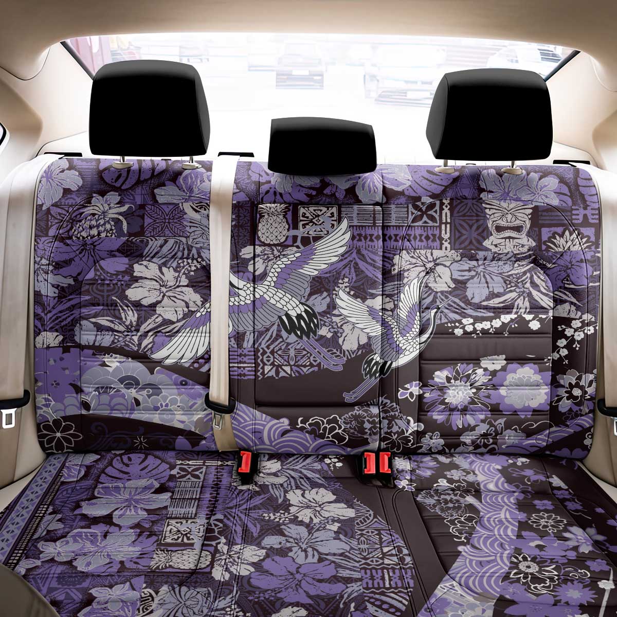 Japanese Hawaiian Crane Back Car Seat Cover Purple Tapa Patchwork Pattern LT9 - Polynesian Pride