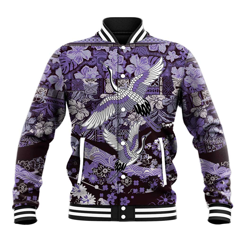 Japanese Hawaiian Crane Baseball Jacket Purple Tapa Patchwork Pattern LT9 Unisex Purple - Polynesian Pride
