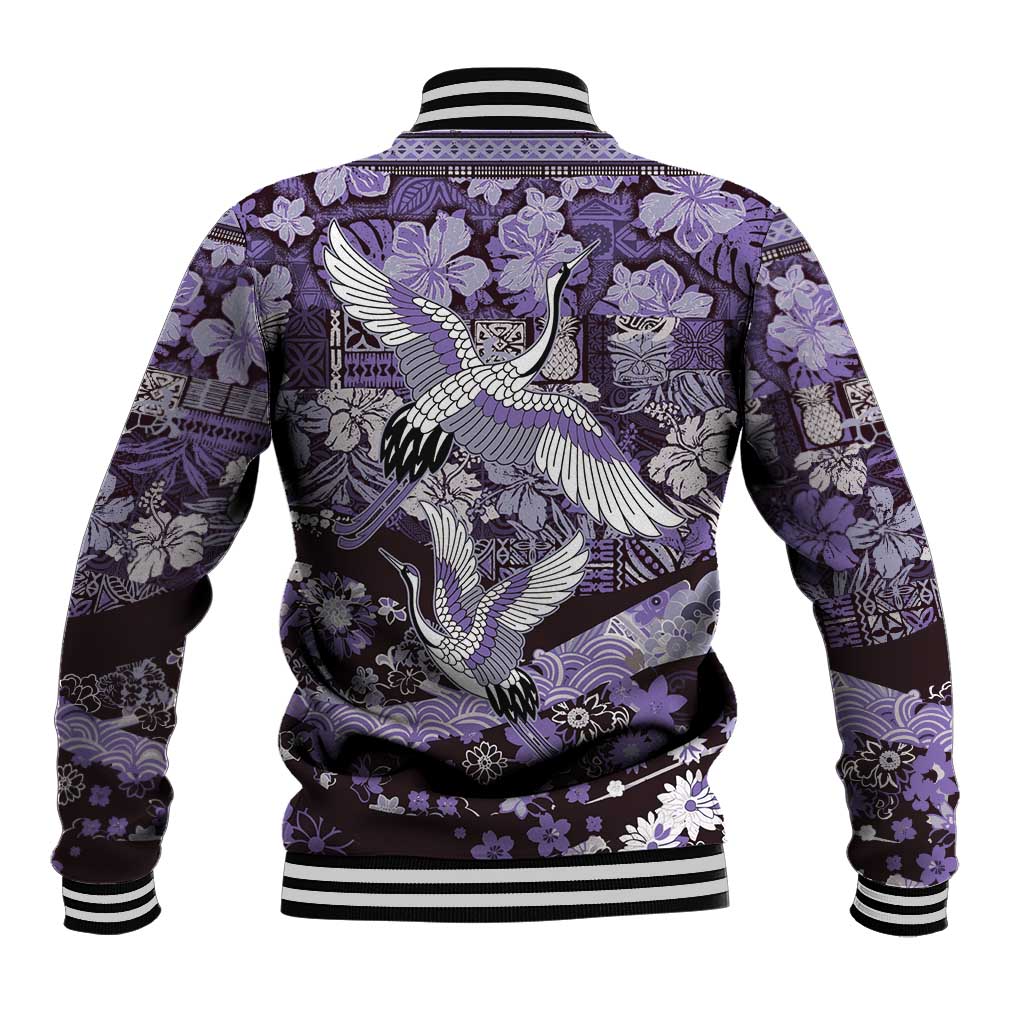 Japanese Hawaiian Crane Baseball Jacket Purple Tapa Patchwork Pattern LT9 - Polynesian Pride