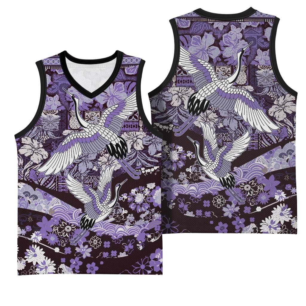 Japanese Hawaiian Crane Basketball Jersey Purple Tapa Patchwork Pattern LT9 - Polynesian Pride