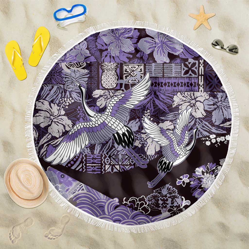 Japanese Hawaiian Crane Beach Blanket Purple Tapa Patchwork Pattern LT9 One Size 150cm Purple - Polynesian Pride