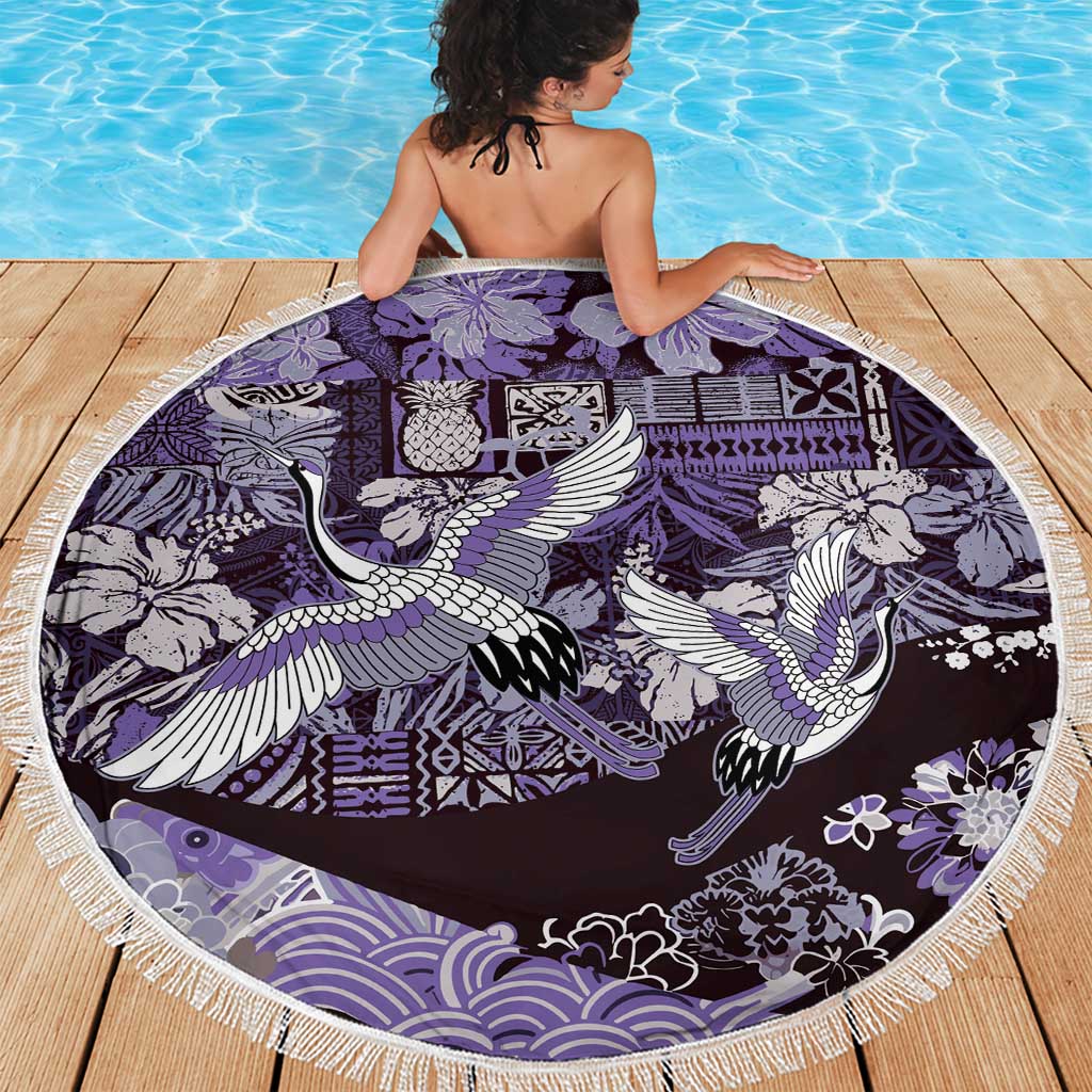 Japanese Hawaiian Crane Beach Blanket Purple Tapa Patchwork Pattern LT9 - Polynesian Pride