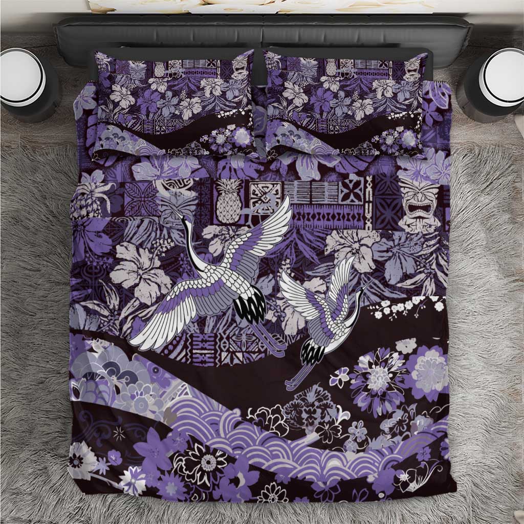 Japanese Hawaiian Crane Bedding Set Purple Tapa Patchwork Pattern LT9 Purple - Polynesian Pride