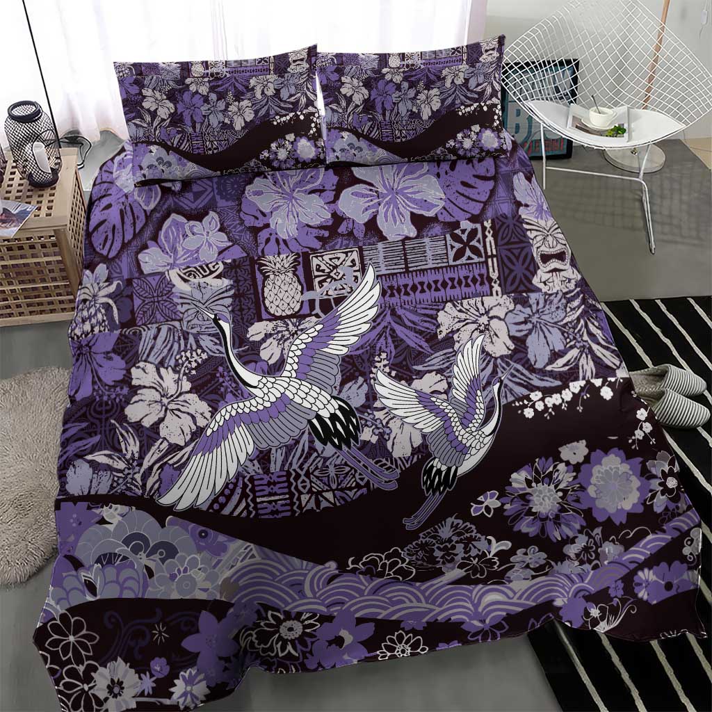 Japanese Hawaiian Crane Bedding Set Purple Tapa Patchwork Pattern LT9 - Polynesian Pride
